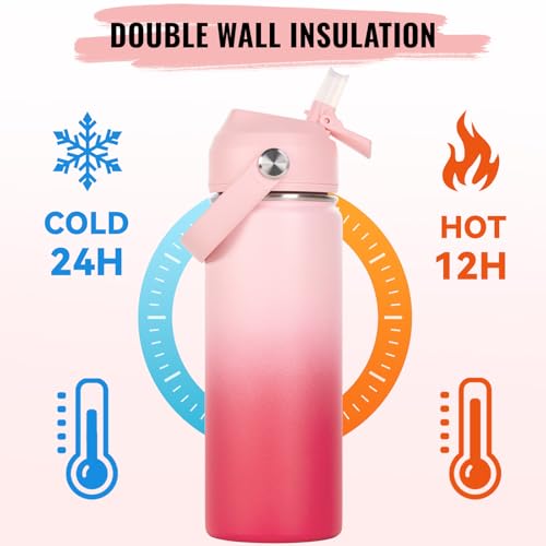 Fijinhom 18oz Insulated Stainless Steel Water Bottle, Wide Mouth Double Wall Vacuum, Silicone Straw, Sweat & Leak Proof, BPA Free Insulated Water Flask for Travel, Keep Cold 24h Hot 12h, Pink Gradient - color: Pink Gradient, size: 18 Ounces