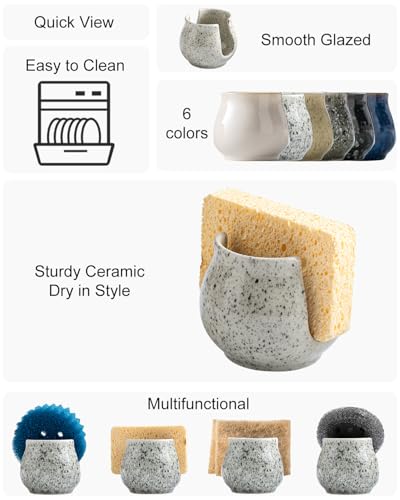 Zoeeker Sponge Holder for Kitchen Sink, Ceramic Dish Sponge Dish Rack Scrubby Caddy Kitchen Organizer Cute Sink Caddy Organizer, Farmhouse Decor, Speckled Glaze - color: Speckled Glaze, size: Barrel-type