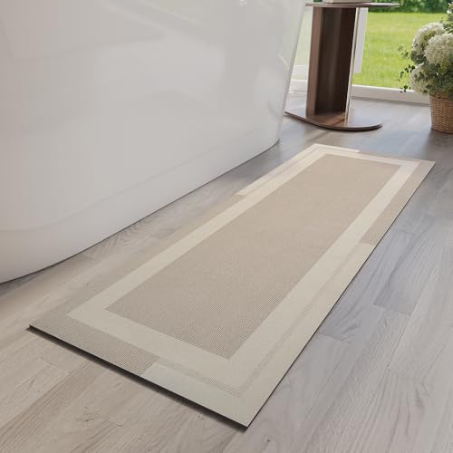 YDKGL Non Slip Long Bath Mat Bathroom Runner, Rubber Backing Ultra Thin Bathroom Rugs Fit Under Door Quick Dry Super Absorbent Washable Bath Rug Shower Mat for Bathtub Sink Floor, Beige 17"x47" - color: A- Beige, size: 17” x 47“