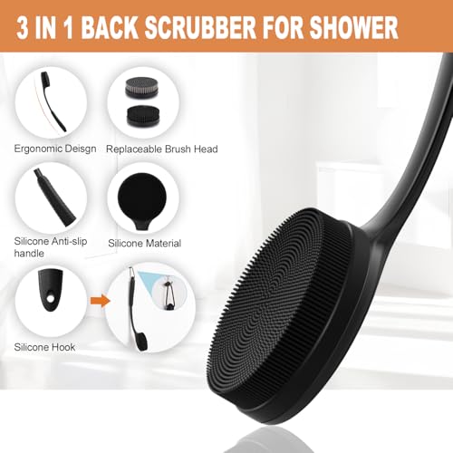 Long Handle Back Scrubber for Shower with 3 Interchangeable Heads-Black | Ergonomic Curved Handle,Non-Slip Silicone Grip,Premium Gift Box,Use in Wet and Dry,Cleaning and Exfoliation - color: Black