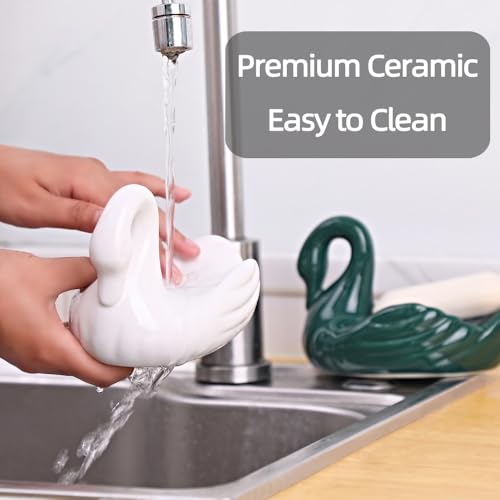 Draining Soap Dish, Elegant Swan Shape, Fluted Design, Cute Ceramic Tray(Green) - color: Green