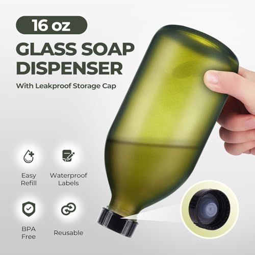 16 oz Frosted Green Glass Soap Dispenser with Pump, Glass Pump Bottle for Lotion Body Oil, 500ml Hand and Dish Soap Dispensers Set with Storage Caps, Labels - 2 Pack - color: Green