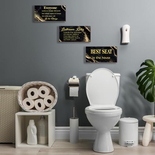DONFENTHY 3 Pieces Black Gold Bathroom Decor Bathroom Rules Wall Art Rules Signs Best Seat in The House Farmhouse Wooden Sign for Toilet Wall Decor (Black Gold 10x5") - color: Black Gold