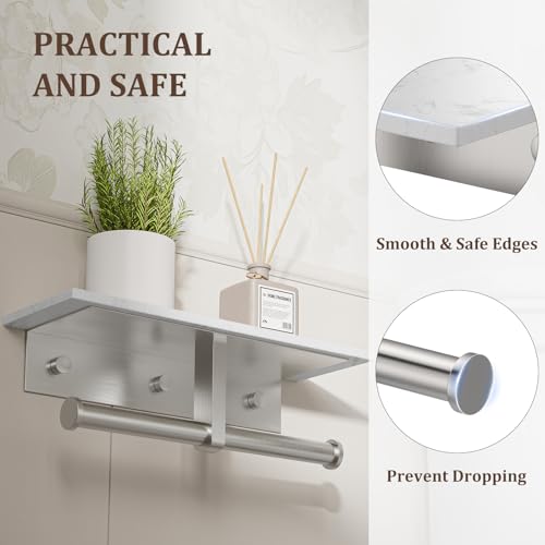 BWE Double Toilet Paper Holder with Shelf, Wall Mounted Tissue Roll Holder for Bathroom, Commercial Toilet Paper Dispenser, Marble Toilet Paper Storage Holder with Phone Shelf (Brushed Nickel) - color: Double Brushed Nickel