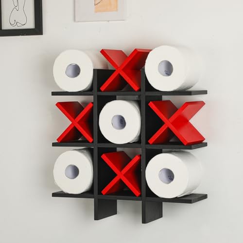 Weysat Tic Tac Toe Toilet Paper Holder Stand Bathroom Wall Decor Rustic Wooden Hanging Storage Freestanding Wall Mounted Shelves Decor for Toilet Tissue Farmhouse - color: Black, Red