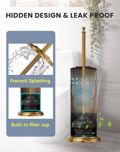 DOWRY Anti-Hand Off Toilet Plunger with Holder for Bathroom,Powerful Efficient Force Suction Cup,Heavy Duty, Deep Cleaning, Gold - color: Gold