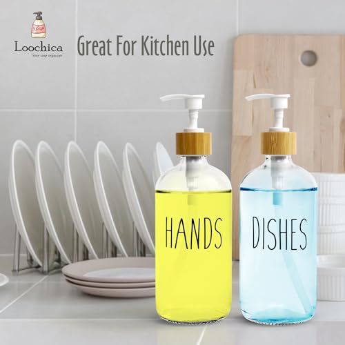 LOOCHICA 2 Pack Clear Glass Soap Dispenser with Plastic Pump, Transparent Dish and Hand Soap Dispenser Set, Refillable Reusable Apothecary Soap Pump Dispenser Bottles for Bathroom and Kitchen - color: A05-2 X Clear