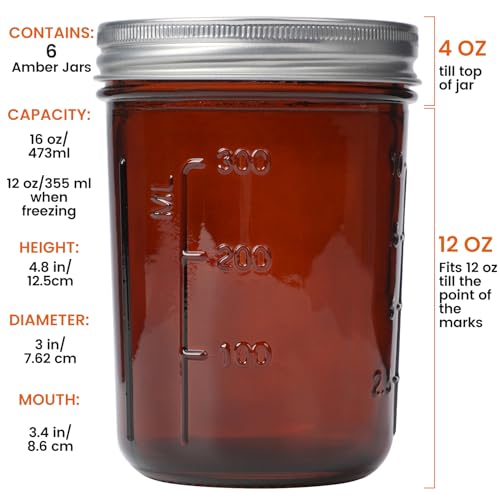 KORCCI Amber Glass Mason Jars 16oz - 6 Pcs Wide Mouth Mason Jars With Lids And Bands. Empty Candle Jar, Food Storage Containers, Canning Jar For Canning, Fermenting, Pickling, Jar Décor.