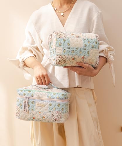 HBselect Quilted Makeup Bag, 3PCS Cotton Large Travel Makeup Bag, Cute Floral Coquette Make up Bag Cosmetic Bag Toiletry Bag for Women Girls - color: A-3PCS-Floral 4