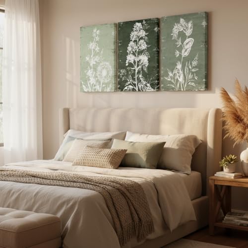 RnnJoile Boho Botanical Prints Sage Green Floral Canvas Picture Wall Art for Bathroom Decor Framed 16x24 inches each