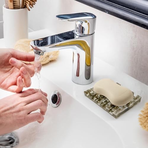 Soap Dish Rectangular Draining Holder with Natural Green Inclusions Handcrafted Bathroom Tray Modern Decor Accessory 4.33 x 2.99 x 0.59 Inches (Hair Crystal Double Drain Soap Rack)
