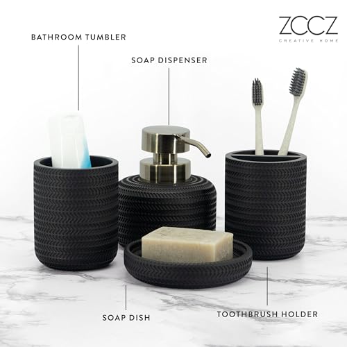 ZCCZ Black Bathroom Accessories Set 4 Pcs - Toothbrush Holder, Soap Dispenser, Vanity Tray, Tumbler - Countertop Organizer for Bathroom - Modern Accessory Set for Home Decor and Storage - color: Black 4pcs