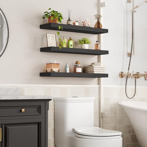 RALGEND Floating Shelves for Wall, 1.5" Thick Wall Shelf Set of 3 with Invisible Brackets, L31.5 x W7.9 Hanging Book Shelves Farmhouse Home Decor for Bathroom, Living Room, Bedroom, Black 8301BJP3BK - color: Black, size: 31.5 Inches