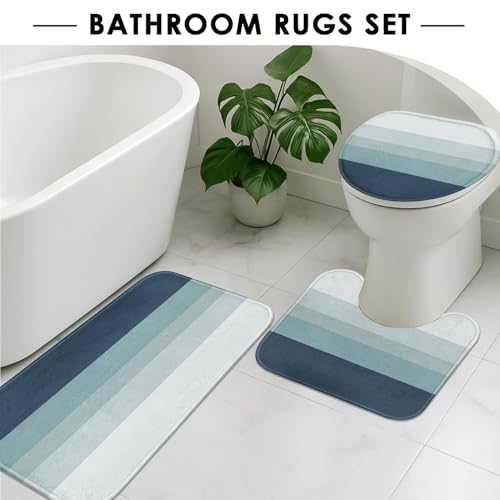Striped Blue Shower Curtain Set with Toilet Lid Cover and Non-Slip Rugs for Bathroom, Minimalist Neutral Ombre 4 Pcs Shower Curtain, Modern Bathroom Set with 12 Hooks - color: Ombre Blue