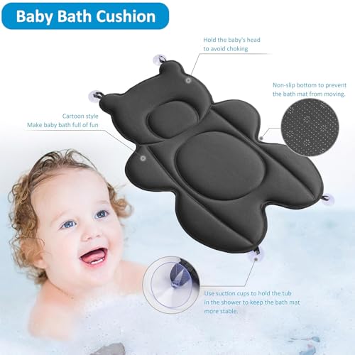 Infant Baby Bath Cushion,Fits Inside Most Baby Bathtubs, Breathable Soft Baby Bath Support Seat,Baby Bath Pad Bath Pillow for Bathtub,Newborn Bath Mat with 4 Suction Cups (Black) - color: Black