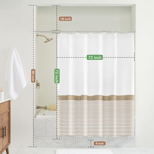 Seasonwood Beige Shower Curtain White Striped Tassel Shower Curtains for Bathroom 72x72 Neutral Shower Curtain, Waterproof - color: Beige and White, size: 72"W x 72"L (Pack of 1)