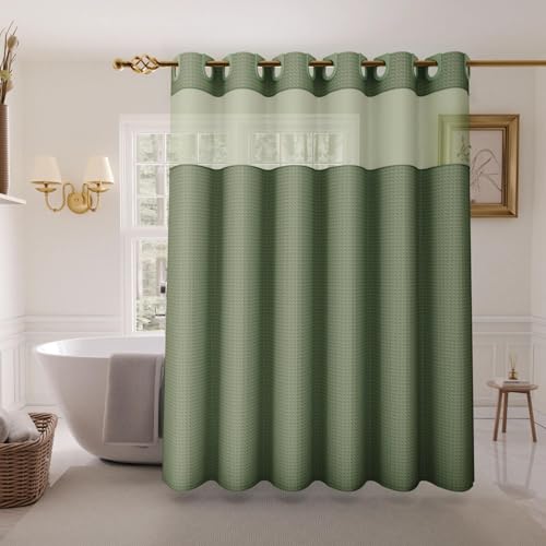 Inhousolu No Hook Shower Curtain with Snap-in Fabric Liner, Waffle Weave 230 GSM Polyester, Weighted Hem, Water Repellent Washable, Mesh Top Window 36" W x 72" L Sage Green - color: Sage Green, size: 36"W x 72"L (Pack of 1)