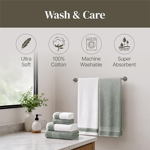 Modern Threads 600 GSM 6-Piece Towel Set with Filgree Jacquard Border Sage - color: Green, style: Jacquard Border