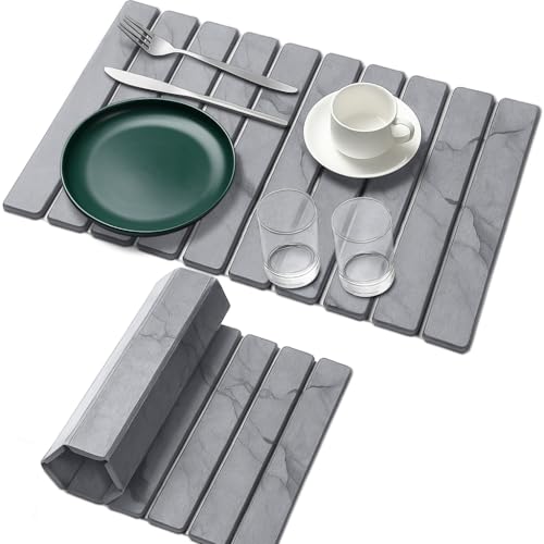 Premium Foldable Stone Bath Mat - Ultra Absorbent Quick Drying Compact Easy to Store & Clean Non-Slip Diatomaceous Earth Bath Shower Mat (Marble Grey) - color: Marble Grey