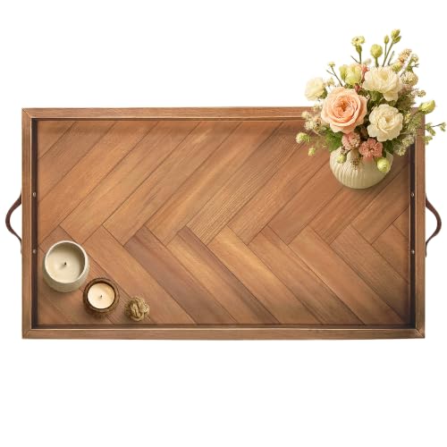 Extra Large Ottoman Tray Rectangle, 32.5"x18.5" Wooden Ottoman Trays with Leather Handles, Rustic Decorative Storage Tray for Ottoman - size: 32.5" x 18.5" x 1.5"