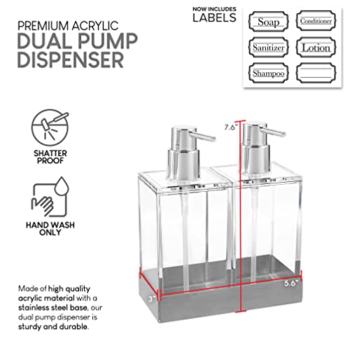 Modern Innovations Acrylic Twin Liquid Soap and Lotion Dispenser Set with Caddy - Double Soap Dispenser for Kitchen - Clear Soap Dispenser for Bathroom, Shampoo, Conditioner, Body Wash