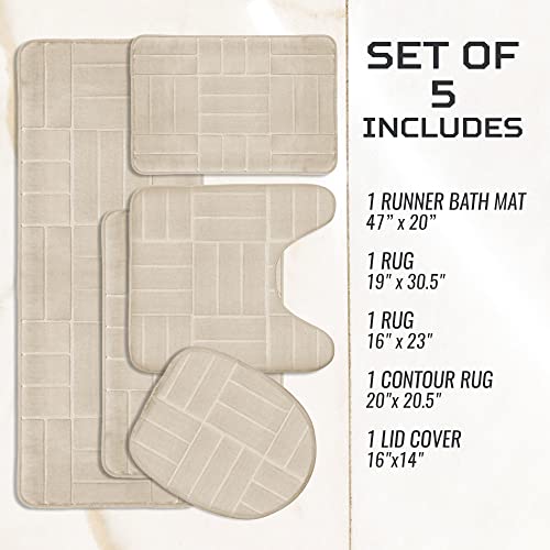 Bathroom Rug Set 5 Piece - Memory Foam Bathroom Mat Set, Soft and Comfortable, Non-Slip Thick Absorbent Bath Mats, Machine Washable, Beige - color: Beige/ Line Design