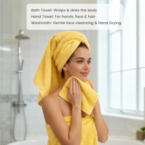8-Piece Cotton Bath Towel Set with Hanging Loops for Bathroom, Yellow | Complete starter set for daily showers, sink-side use, small bathrooms, and guest baths, OEKO-TEX certified, easy care - color: A01: Yellow