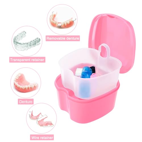 Keedolla 2 Pack Denture Soaking Cup Retainer Cleaner Case, False Teeth Container Denture Holder Box Case for Clear Braces, Mouth Guard, Night Guard - Pink & Blue - color: Blue & Pink