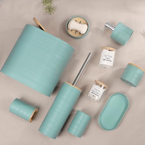 IMAVO Bathroom Accessories Set 11PCS,Complete Bathroom Organizer with Trash Can,Soap Dispenser,Toothbrush Holder,Toilet Brush & Qtip Holders,Modern Plastic Bathroom Decor for Home & Apartment (Blue) - color: Blue, size: 11 PCS Bathroom Set