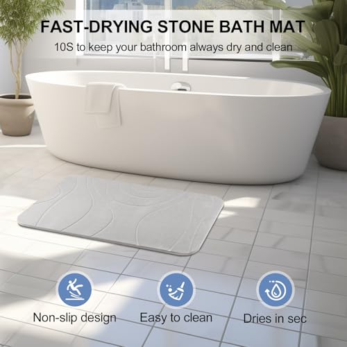 Stone Bath Mat, 2 Pack Diatomaceous Earth Shower Mat, Non-Slip Super Absorbent Quick Drying Bathroom Floor Mat, 24x15, Light Grey - color: Light Grey, size: 24" x 15" (2 Pack)