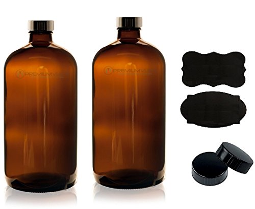 16oz Empty Amber Glass Bottles with Poly Cone Caps, PLUS Labels (2 Pack) - Refillable Container for Essential Oils, Cleaning Products, or Aromatherapy