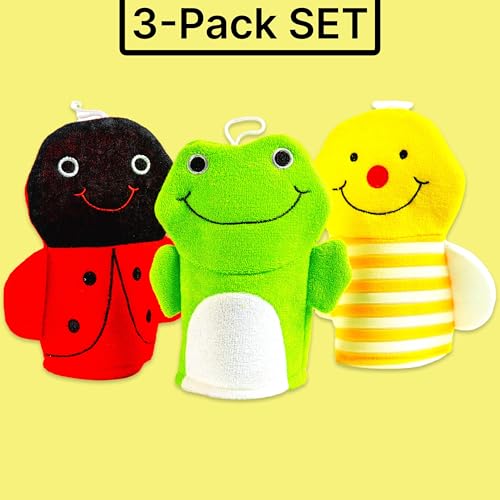 Made Easy Kit Hand Puppet Bath Wash Mitt Towel with Animal Designs with Loofahs for Fun Interactive Bathing Time (Red Green Yellow (No Loofah)) - color: Red Green Yellow (No Loofah)