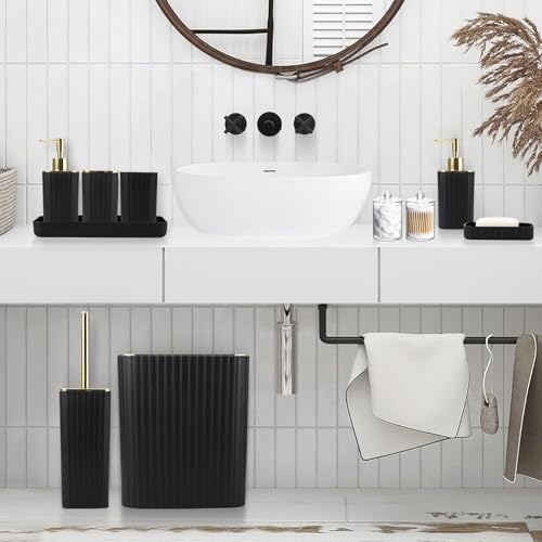 XLHOMO Bathroom Set with Shower Curtain and Rugs- 25PC Bathroom Accessory Set, Black Shower Curtain Set, Toilet Brush, Trash Can, Qtip Holder & Soap Dispenser - size: Bath Set+Shower Curtain+Rugs, style: Black&Gold