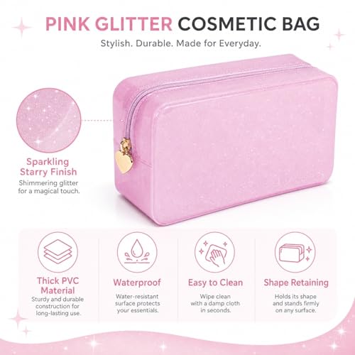 RSRSLEII Stardust Twinkle Jelly Travel Makeup & Toiletry Bag, Waterproof PVC Cosmetic Bag/Case for Women，Zipper SPF Beach Bag for Sunscreen Skincare and Daily Essentials (05Pink-Large) - color: 05Pink-Large