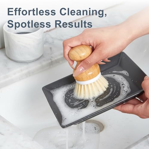 ONEMORE Bamboo Dish Brush with Ceramic Foaming Base, Kitchen Sink Scrub Brush Set with Spring and Mesh Insert, Wooden Handle Dishwashing Brush for Pots Pans Plates Bowls, Marble - color: Marble