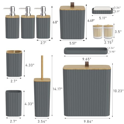Bathroom Accessory Set - Grey Bathroom Set, 12PC Bathroom Accessories Set, Grey Bathroom Accessories Set, Mini Trash Can, Toilet Brush, Trash Can & Soap Dispenser - size: Bathroom Set, style: Grey