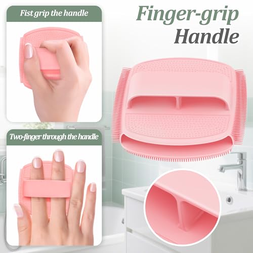 Silicone Back & Face Scrubber & Bath Glove Set 3PCS, 13.4'' Gentle Back Scrubber with Dual-Side Head, 360° Anti-Slip Bath Glove, Unique Side-bristled Face Scrubber for All-Round Cleaning(Pink) - color: Pink*3