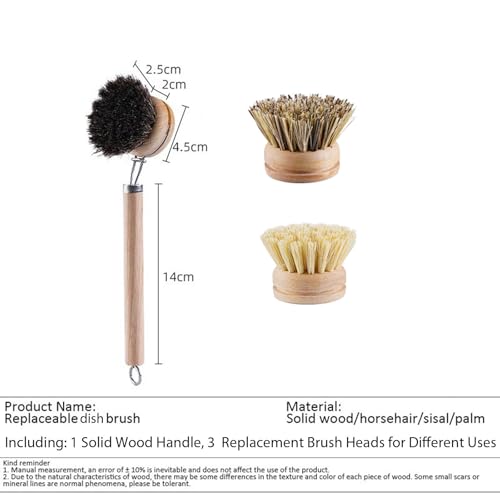Bamboo Dish Brush with Handle, 1 Sturdy Wooden Handle with 3 Natural Bristle Heads, Horsehair, Sisal, Palm - All Purpose Kitchen Scrubber, Bamboo Wok Brush, Fruit and Veggie Scrubber