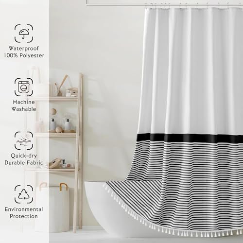 Seasonwood 84 inch Extra Long Shower Curtain Black and White Shower Curtain with Tassel 72" W x 84" L Farmhouse Striped Shower Curtains for Bathroom Fabric Shower Curtains - color: Black and White, size: 72"W x 84"L (Pack of 1)