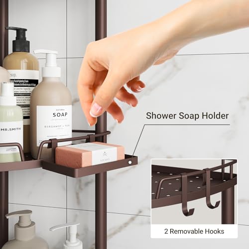 ELYKEN Corner Shower Caddy Standing, 4 Tier Rustproof Metal Shower Organizer with Soap Holder, Floor Shower Corner Shelf Rack Storage Stands with Adjustable Feet & 2 Hooks for Bathroom, Bronze - color: Bronze, size: 4 Tier