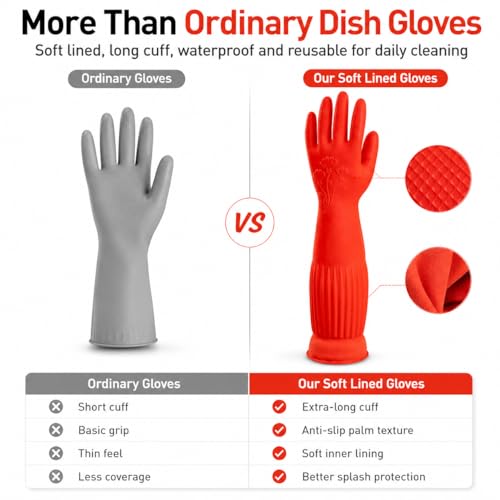 ThxToms Dishwashing Gloves, 2 Pairs Fleece Lined Rubber Dish Gloves for Washing Dishes, Waterproof Reusable Kitchen Cleaning, Long Cuff Anti Slip,Large - size: Large (Pack of 4)