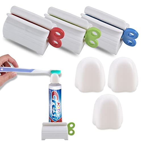 Zoyiancy 6Pcs Toothpaste Squeezer and Caps Set, Reduce Toothpaste Waste | Plastic Rolling Squeezers, Silicone Sealing Caps In 3 Colors, Easy Rotating Handle, Squeeze Out Residual Paste, Bathroom Use