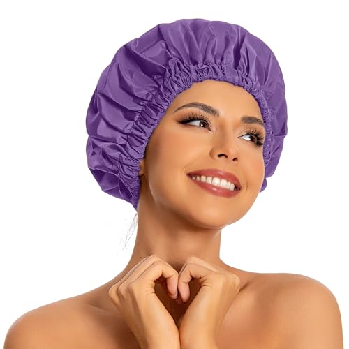 Edoneery Reusable Shower Caps for Women, Waterproof Long Hair Bonnet | Washable Design, Wide Elastic Band, Large Fit, Holds Long Hair, Braids Friendly, Bath Accessories, Spa, Travel - color: Lavender