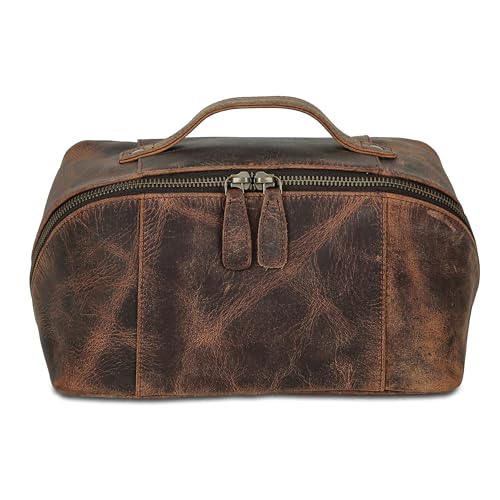 KomalC Luxury Leather Men’s Toiletry Travel Bag – Handmade Shaving Kit with Waterproof Interior, Spacious Storage & Carry Handle – leather travel Kit Bag for Men & Women (Dark Brown) - color: Dark Brown