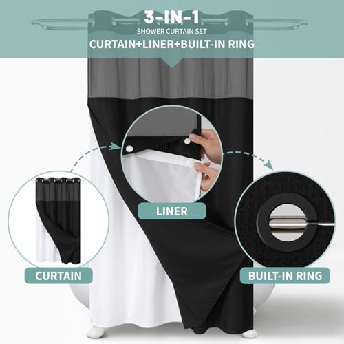 eachope Stall Black No Hook Waffle Weave Shower Curtain with snap-in Liner Replacement, 230GSM Waterproof Fabric Hotel Shower Curtain Set for Bathroom, Through Mesh Top Window,54Wx80H - color: Black, size: 54"W x 80"L (Pack of 1)