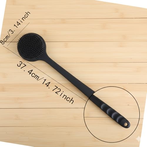 Macco Silicone Body Scrubber with Long Handle, Black, Soft Exfoliating Shower Brush for Back and Body