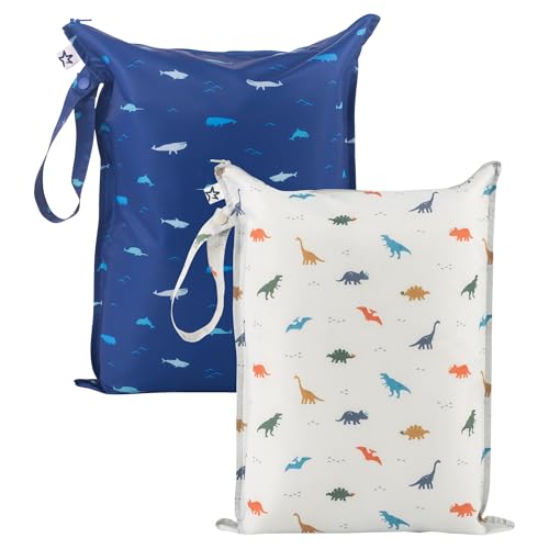 Tiny Twinkle Mess Proof Wet Bags | 2-Pack Reusable Waterproof Wet Bags for Swimsuits | Baby Clothes | Travel & Diaper Bag (Dinosaur, Ocean Life) - color: Dinosaur, Ocean Life, size: 2 Pack