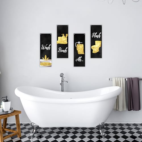 4 Pcs Gold Bathroom Decor Wooden Sign, Glam Bathroom Wall Art, Black And Gold Wall Art, Modern Women Funny Wooden Hanging Sign For Washroom Bathroom Restroom Farmhouse Decor, A23 - color: Relax Breathe Unwind Soak 2