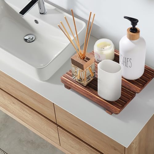 SAMEBUTECO 2 Packs Rustic Wood Tray,Riser Bathroom Soap Dish Holder,Footed Pedestal Stand for Vanity,Dispenser,Countertop,Size 8.7x4x1.7''