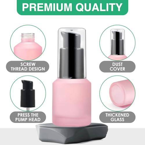 3PCS 15ML/0.5OZ Empty Pink Frosted Glass Bottles with Pump Refillable Vial Cosmetic Dispenser Jars Storage Travel Lotion Container Portable Sample Bottle for Toiletries,Foundation,Cream,Gel,Lotion - color: Pink, size: 0.5 OZ